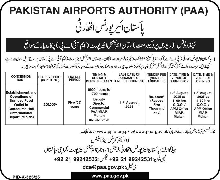 Pakistan Airports Authority Karachi Tender Notice